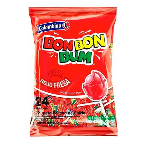 Bon Bon Bum Bubble Gum Pops - Strawberry - Colombina Pack of 24