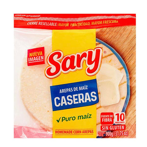 Packaging of Sary White Corn Arepa showing the product and brand name with additional text indicating it is a homemade corn arepa with no gluten.